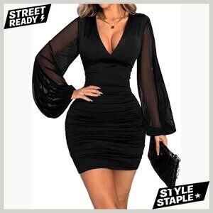 Sexy V-Neck Bodycon Dress Sheer Mesh Puff Sleeve Ruched Mini for Party